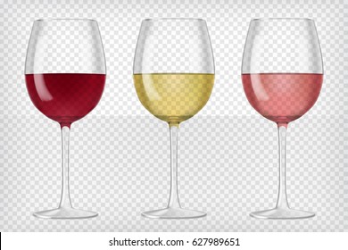 Set of realistic transparent wine glasses. Red, rose and white wine. Graphic design elements for advertisement, flyer, poster, web site, restaurant menu, scrapbooking. Vector illustration.