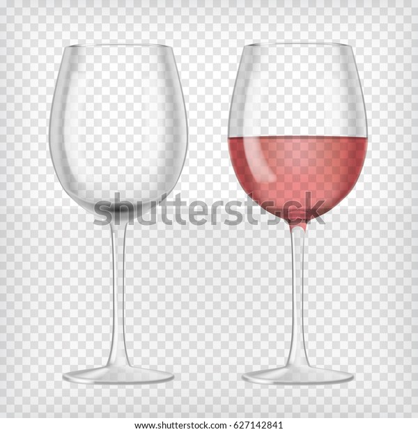 リアルな透明なワイングラスのセット 1杯の赤ワインと空のグラス 広告 チラシ ポスター ウェブサイト レストランのメニュー スクラップブック用のグラフィックデザインエレメント ベクターイラスト のベクター画像素材 ロイヤリティフリー