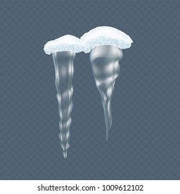 Set of realistic transparent winter snow icicles, snowballs. Icicles on dark background, christmas snowflakes, snowdrifts, christmas decorations. Winter season. Snow, ice cap. Vector illustration.