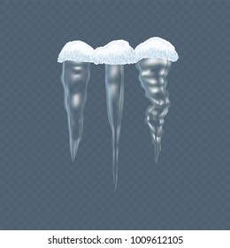 Set of realistic transparent winter snow icicles, snowballs. Icicles on dark background, christmas snowflakes, snowdrifts, christmas decorations. Winter season. Snow, ice cap. Vector illustration.
