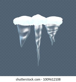 Set of realistic transparent winter snow icicles, snowballs. Icicles on dark background, christmas snowflakes, snowdrifts, christmas decorations. Winter season. Snow, ice cap. Vector illustration.