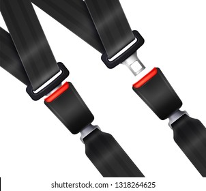 Set of realistic transportation seat belts with textured black strap on white background vector illustration