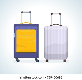 Set of realistic travel bags, suitcases for luggage on wheels. Bags for travel, recreation, business trips, crossings. Plastic and metal suitcases and bags. Vector illustration isolated.