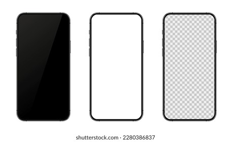 Establece un modelo realista de moda para diferentes smartphones en negro con pantalla táctil blanca vacía transparente, blanca y negra. smartphone detallado para burla, móvil modelo - vector de stock