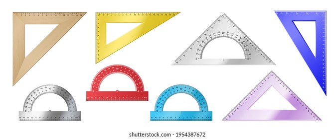 Set of realistic triangular rulers and protractors isolated on white background. Plastic colorful rules for measurement collection. 3d vector illustration