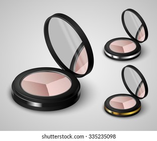 Set of realistic triple beige compact powder in black container with mirror. Vector illustration