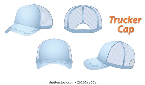 Set of Realistic Trucker cap Dimensions, Various Hat Dimensions,  Design and Structure Illustration, isolated on white