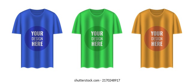 Set von realistischen T-Shirts einzeln auf weißem Hintergrund. Die Option Blau, Grün und Orange. Vektorgrafik.