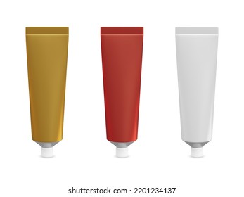 Set of realistic tube mockup. Plastic tuba for toothpaste, cream, gel and shampoo. Template for medicine or cosmetics. Vector illustration