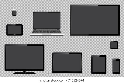 Set of realistic TV, computer monitor, laptops, tablet, mobile phone, smart watch and GPS navigation system device with blank empty screen isolated on transparent background