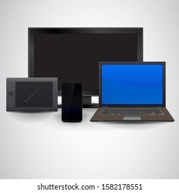 Set of realistic TV, lcd, led, computer monitor, laptop, tablet and mobile phone with empty white screen. Various modern electronic gadget isolated on white background. Vector illustration EPS10