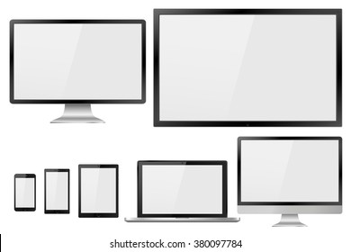 Set of realistic TV, lcd, led, computer monitor, laptop, tablet and mobile phone with empty white screen. Various modern electronic gadget isolated on white background. Vector illustration  EPS10