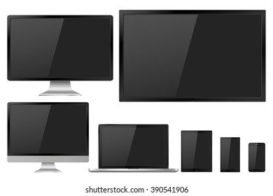 Set Of Realistic TV,  Lcd, Led, Computer Monitor, Laptop, Tablet And Mobile Phone With Empty Screen. Various Modern Electronic Gadget Isolated On White Background. Vector Illustration EPS10