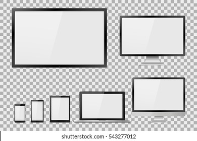 Conjunto de TV realista, lcd, led, monitor de ordenador, portátil, tablet y teléfono móvil con pantalla blanca vacía. Varios aparatos electrónicos modernos en un fondo aislado. Ilustración del vector EPS10