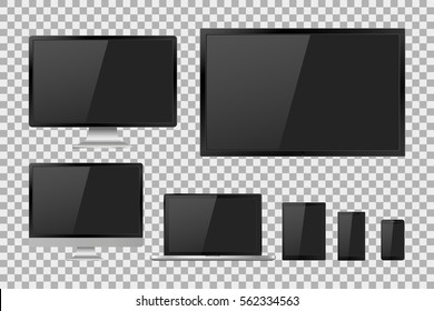 Set Of Realistic TV, Lcd, Led, Computer Monitor, Laptop, Tablet And Mobile Phone With Empty White Screen. Various Modern Electronic Gadget On Isolate Background. Vector Illustration EPS10