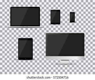 Set of realistic TV, lcd, led, computer monitor, laptop, tablet and mobile phone with empty white screen. Various modern electronic gadget on isolate background. Vector illustration EPS10