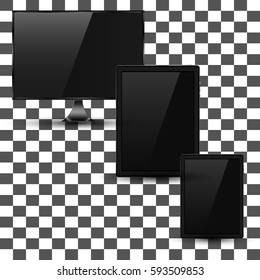 Set realistic TV, LCD, LED, computer monitor, tablet and mobile phone with blank black screen. Various modern electronic gadget on isolated background. Vector EPS10 illustration