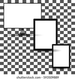 Set of realistic TV, lcd, led, computer monitor,  tablet and mobile phone with empty white screen. Various modern electronic gadget on isolated background. Vector illustration EPS10