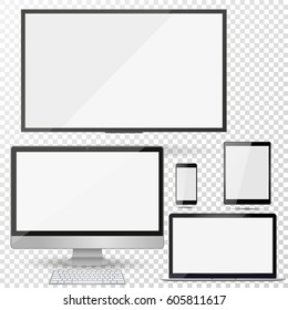 Conjunto de TV realista, lcd, led, monitor de ordenador, portátil, tablet y teléfono móvil con pantalla blanca vacía. Varios aparatos electrónicos modernos en un fondo aislado. Ilustración del vector