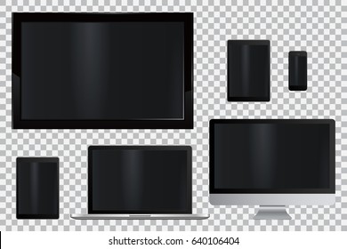 Set of realistic TV, lcd, led, computer monitor, laptop, tablet and mobile phone