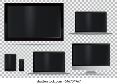 Set of realistic TV, lcd, led, computer monitor, laptop, tablet and mobile phone