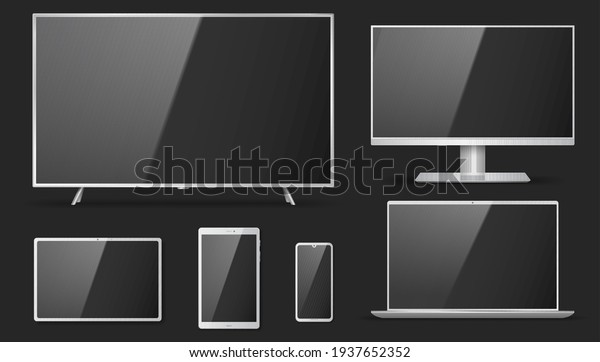 Set of realistic TV, lcd, led, computer\
monitor, laptop, tablet and mobile phone with empty screens.\
Various modern electronic gadget and monitors isolated on black\
background. Vector\
illustration