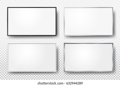Set of realistic TV screen. An empty television template with a white screen or a computer monitor layout. Element for graphic design. Vector illustration. Isolated on transparent background.