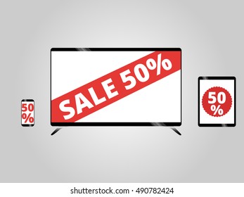 Set of realistic tv, tablet and mobile phone with sale banners on screen. Electronic gadgets. Vector illustration.