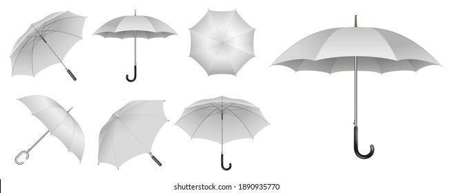 set of realistic umbrella in various type or mock up black and white umbrella closeup or outdoor parasol protection weather waterproof material concept. 