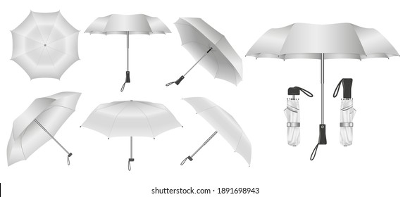 set of realistic umbrella in various type or mock up black and white umbrella closeup or outdoor parasol protection weather waterproof material concept. eps 10 vector