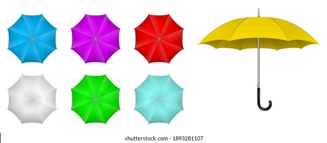 set of realistic umbrella in various type or mock up black and white umbrella closeup or outdoor parasol protection weather waterproof material concept. eps 10 vector