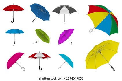 set of realistic umbrella in various type or mock up black and white umbrella closeup or outdoor parasol protection weather waterproof material concept. 