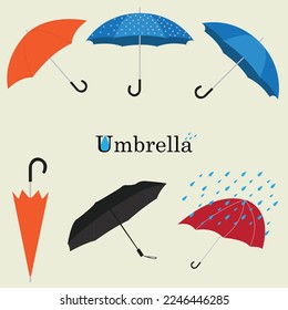 set of realistic umbrella in various type or mock up black and white umbrella closeup or outdoor parasol protection weather waterproof material concept. Vector Image umbrella. Vector icon umbrella rai