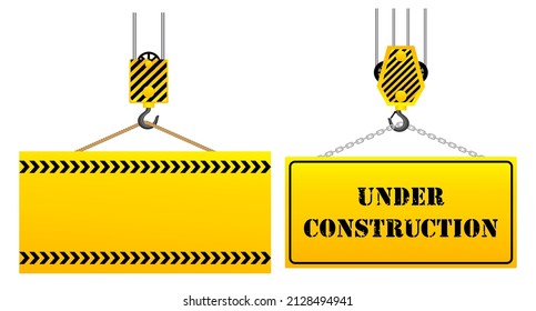 conjunto realista de precaución en la construcción o de cartón amarillo con gancho de grúa colgado o cartel de precaución en la grúa de construcción. vector de pasos