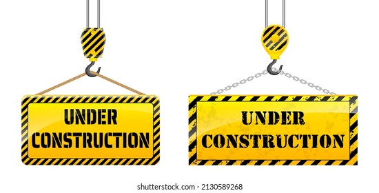 set of realistic under construction caution or crane hook yellow board hanging or caution banner under construction crane. eps vector