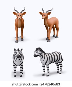 Set of realistic ungulate herbivores in different positions. Gazelle and zebra, front and side view