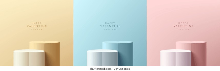 Set of realistic valentine 3D podium pedestal background heart shape in beige, blue and pink color. Valentine minimal scene mockup products showcase, Promotion display. Vector abstract geometric forms