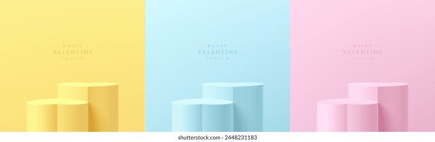 Set of realistic valentine 3D podium background heart shape in yellow, blue and pink color. Valentine minimal scene mockup products showcase, Pastel promotion display. Vector abstract geometric forms.