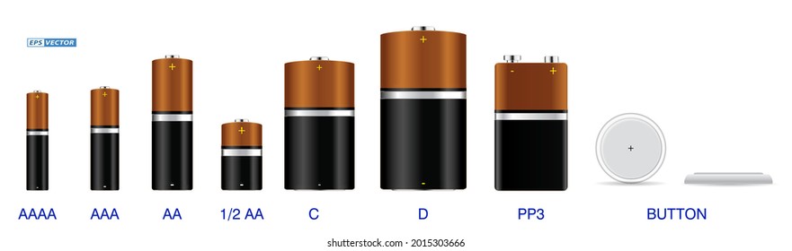 set of realistic various alkaline batteries isolated or cylinder lithium battery rechargeable. eps vector 