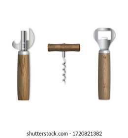 Set realistic various openers bottle cap isolated on white background. Element pub and kitchen inventory, vector illustration.