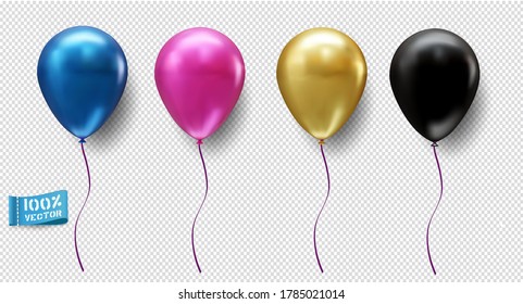 Conjunto de globos vectoriales realistas aislados en el fondo de la luz. Azul. Rosa. Oro. El negro. Elemento para el diseño.