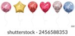 Set of realistic vector Balloons of various shapes, star, spheres and heart. Bunch of Helium balloons for birthday, party anniversary and wedding. 3D vector illustration.