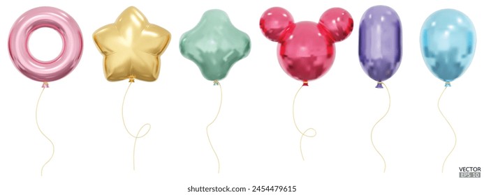 Set of realistic vector Balloons of various shapes, star, rubber ring, spheres and oval. Bunch of Helium balloons for birthday, party anniversary and wedding. 3D vector illustration.