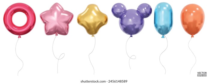 Set of realistic vector Balloons of various shapes, star, rubber ring, spheres and oval. Bunch of Helium balloons for birthday, party anniversary and wedding. 3D vector illustration.