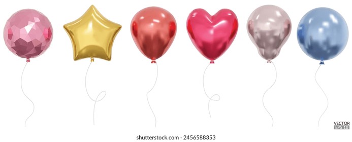 Set of realistic vector Balloons of various shapes, star, spheres and heart. Bunch of Helium balloons for birthday, party anniversary and wedding. 3D vector illustration.