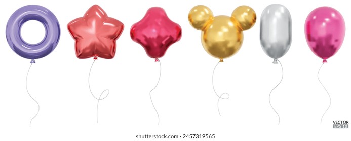 Set of realistic vector Balloons of various shapes, star, rubber ring, spheres and oval. Bunch of Helium balloons for birthday, party anniversary and wedding. 3D vector illustration.