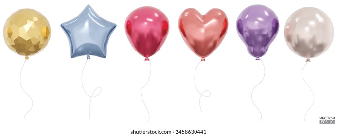 Set of realistic vector Balloons of various shapes, star, spheres and heart. Bunch of Helium balloons for birthday, party anniversary and wedding. 3D vector illustration.