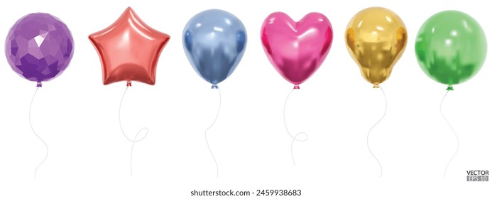 Set von realistischen Vektorgrafik Ballons von verschiedenen Formen, Stern, Kugeln und Herz. Ein Haufen Heliumballons zum Geburtstag, zum Jubiläum und zur Hochzeit. 3D-Vektorillustration.