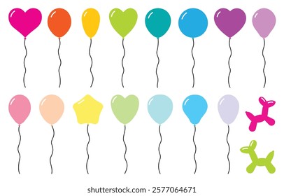 Set of realistic vector balloons various shapes, star, hearts, circle, dog. Bunch of helium balloons for birthday, party anniversary, wedding. Balloon in cartoon style. Bunch of balloons for birthday