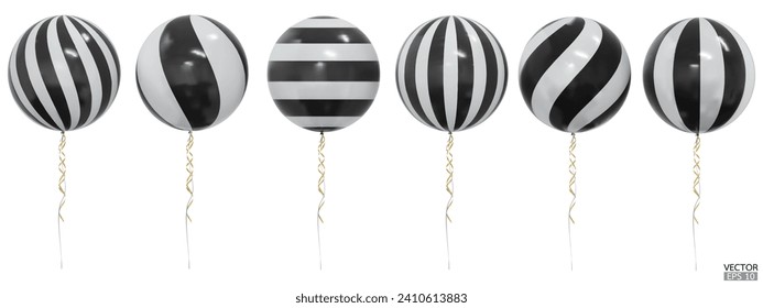 Set of realistic vector black and white striped balloons isolated on white background. Black and white balloons clipart for anniversary, birthday, wedding, party. 3D vector illustration.